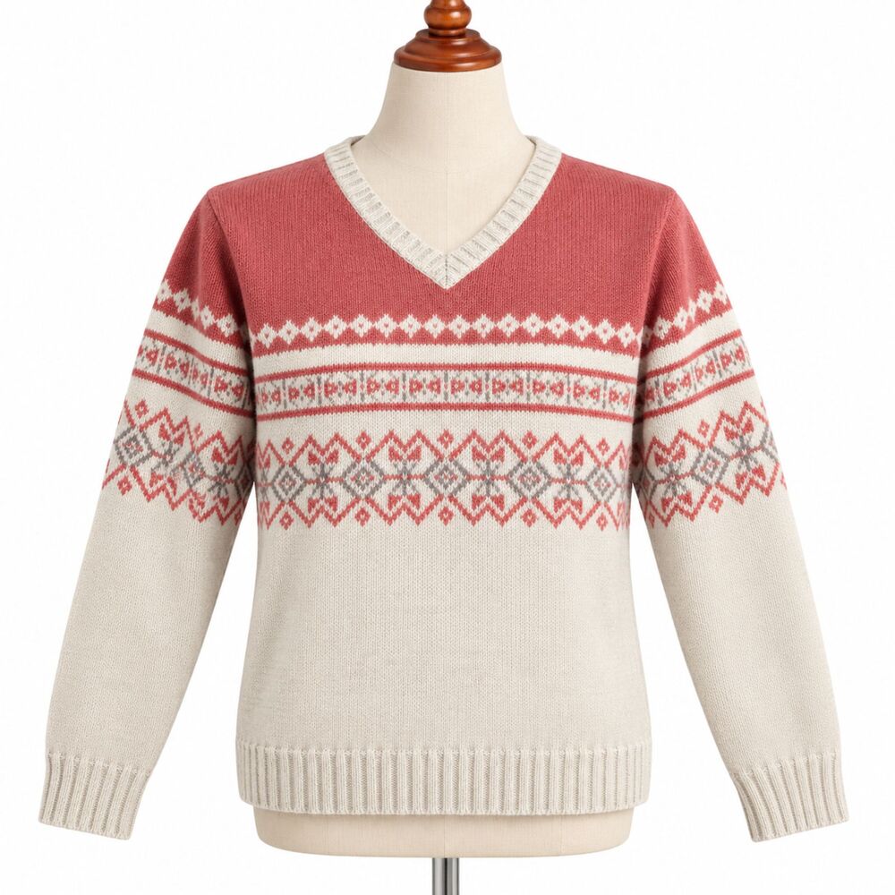 Vintage B Moss Womens L Fair Isle Sweater Cream Pink Nordic Soft Knit Pullover